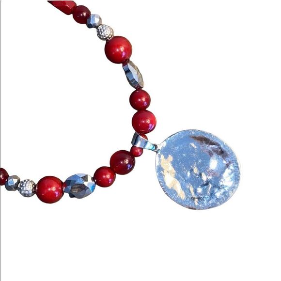 JULES B Silver-Tone Pendant and Red Acrylic Beaded Necklace - Picture 4 of 6